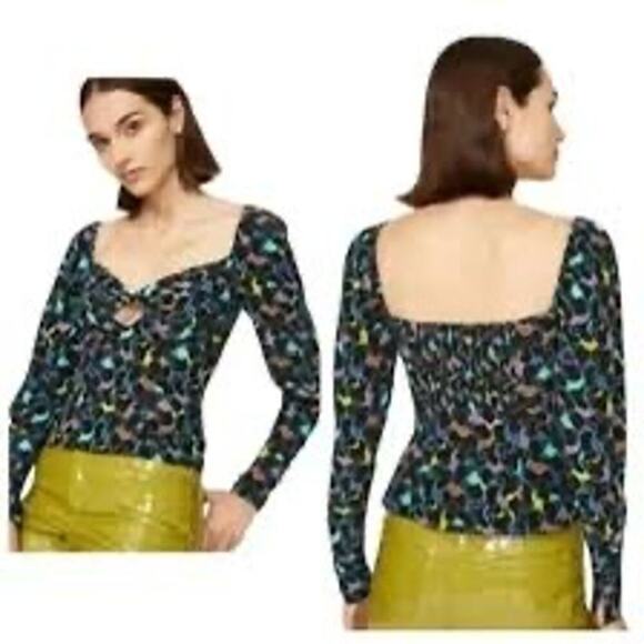Staud Josephine Black Multicolor Long Sleeve Sweetheart Neck Top SZ 10 - Picture 1 of 9